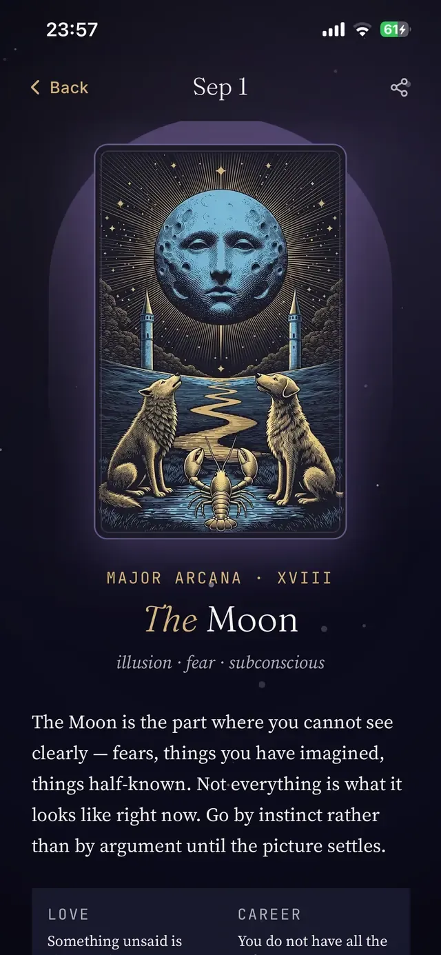 Celestine app screen: tarot