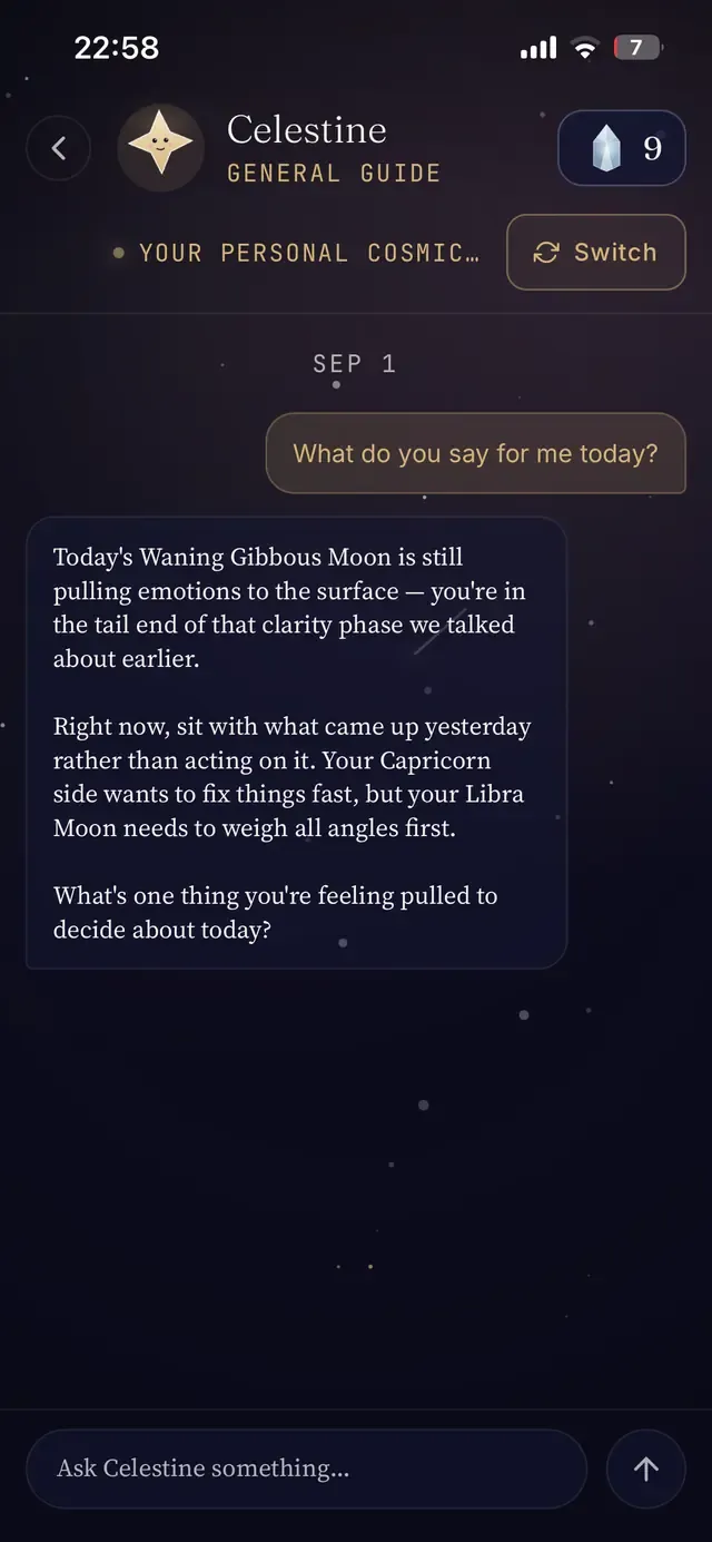 Celestine app screen: chat