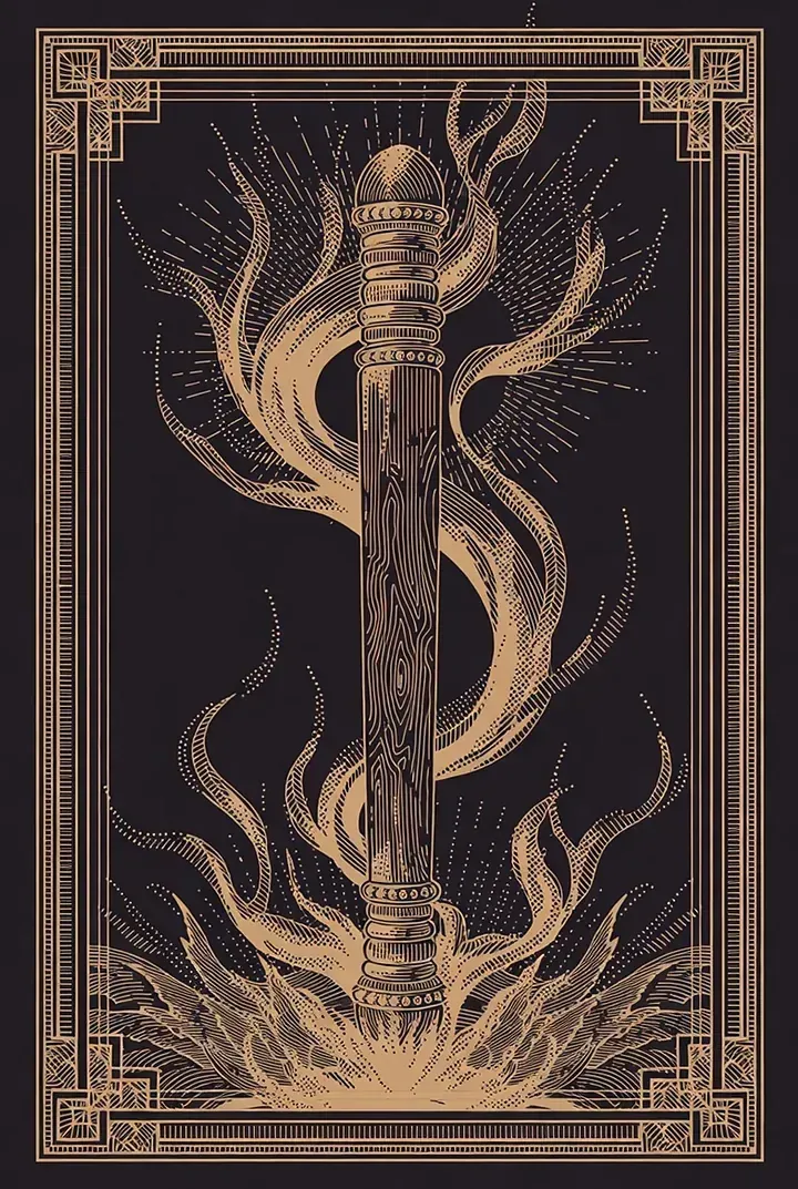 Five of Wands — engraved tarot card