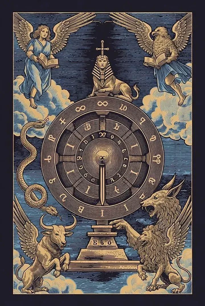 Wheel of Fortune — engraved tarot card