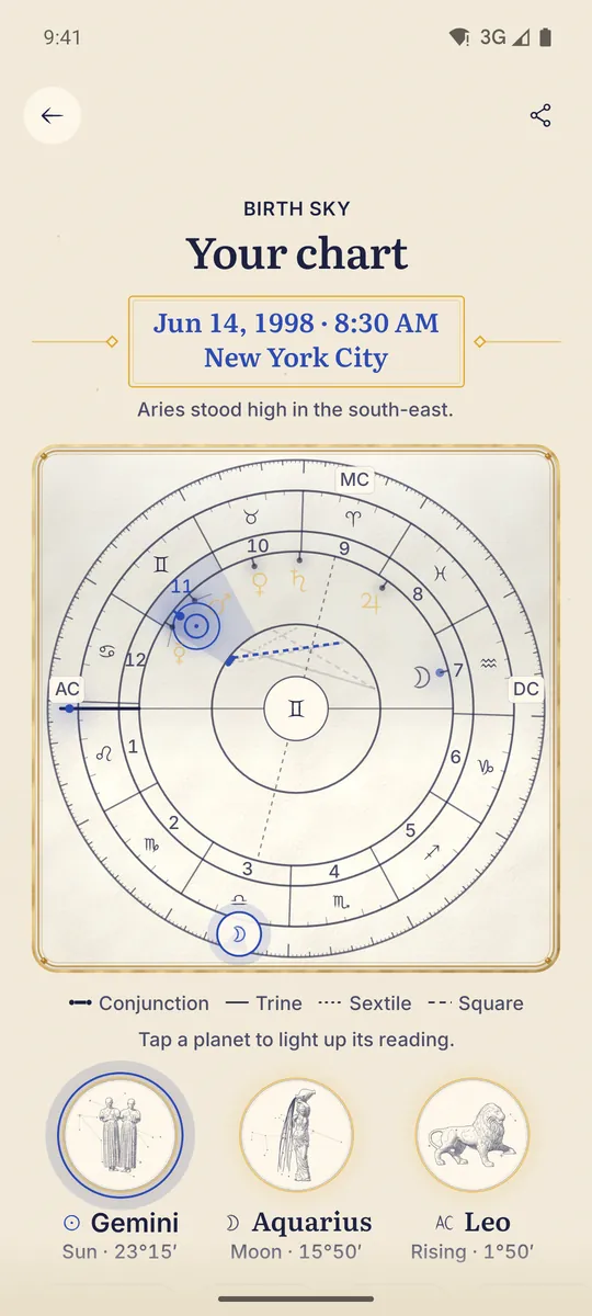 Celestine app screen. Your birth chart: the wheel calculated for the minute you were born