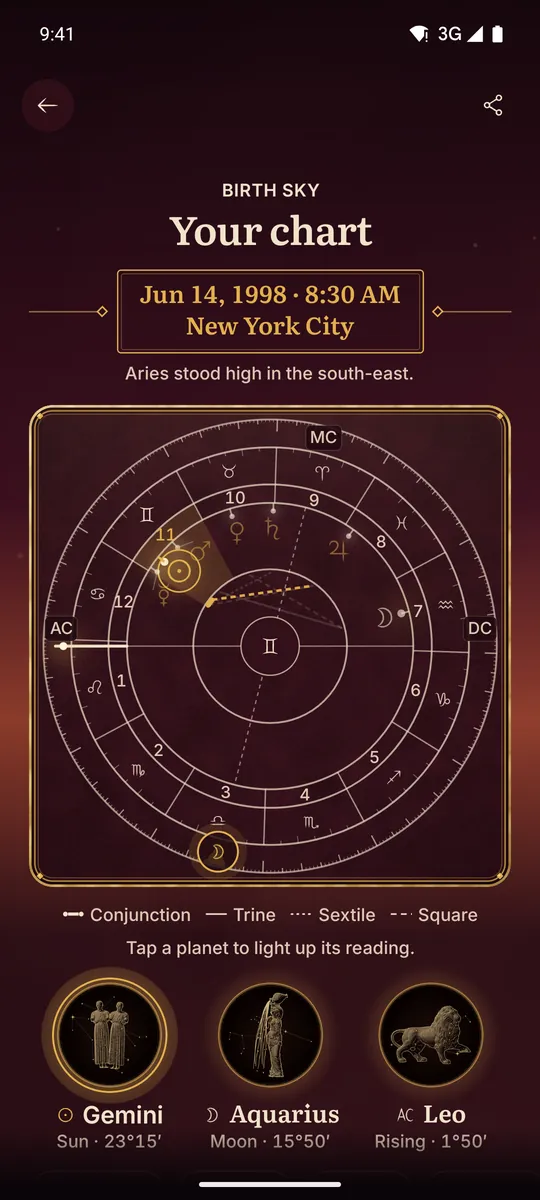 Celestine app screen. Your birth chart: the wheel calculated for the minute you were born