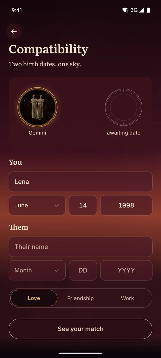 Celestine app screen. Compatibility: two birth dates, one sky