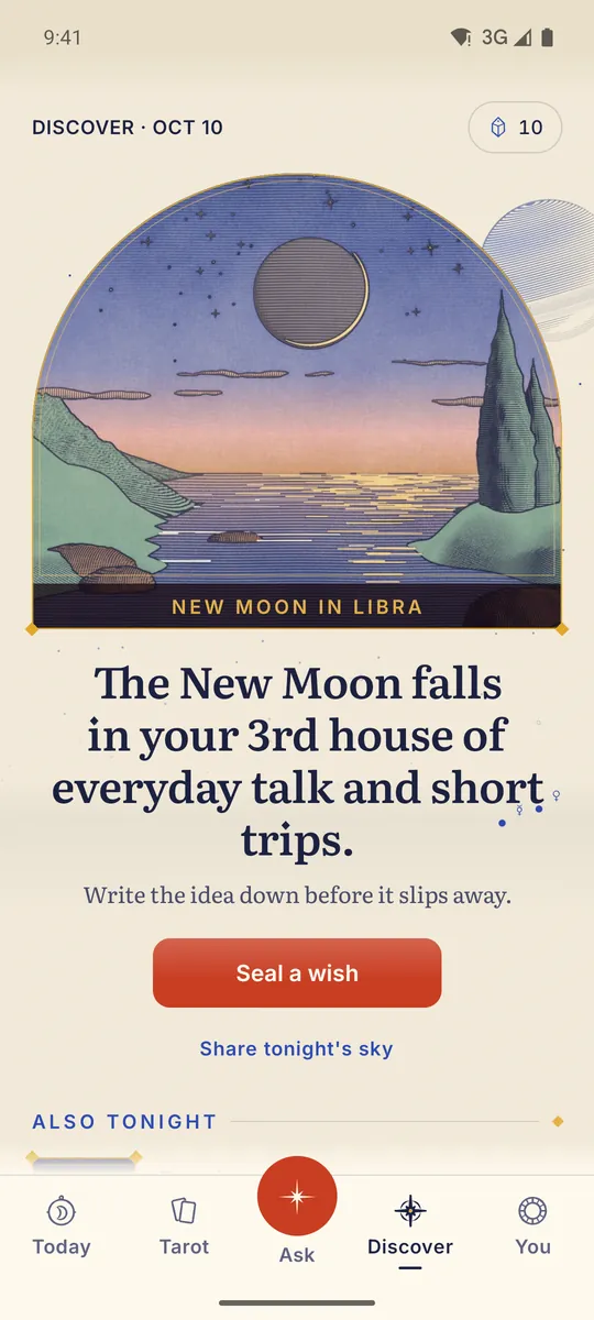Celestine app screen. Discover: Tonight, one line from your chart and tonight’s real sky