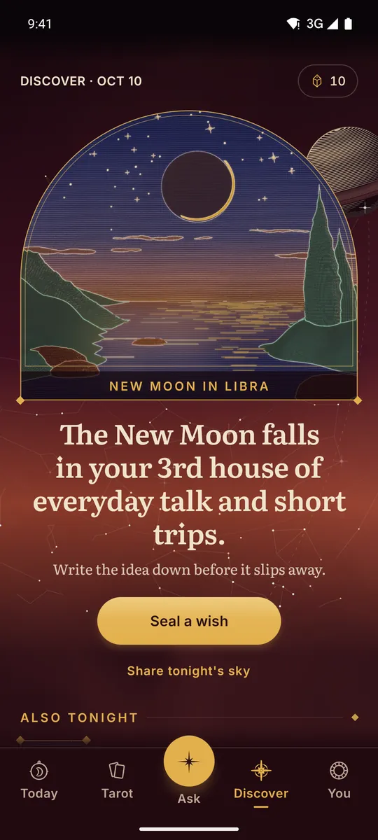 Celestine app screen. Discover: Tonight, one line from your chart and tonight’s real sky