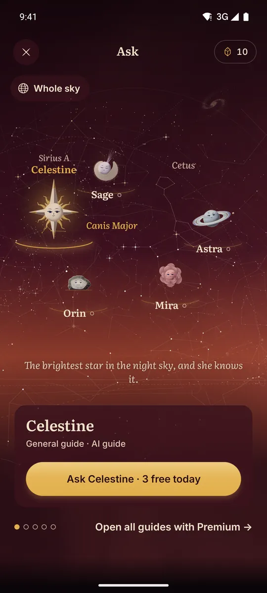 Celestine app screen. Ask: the five AI guides on their arc of sky