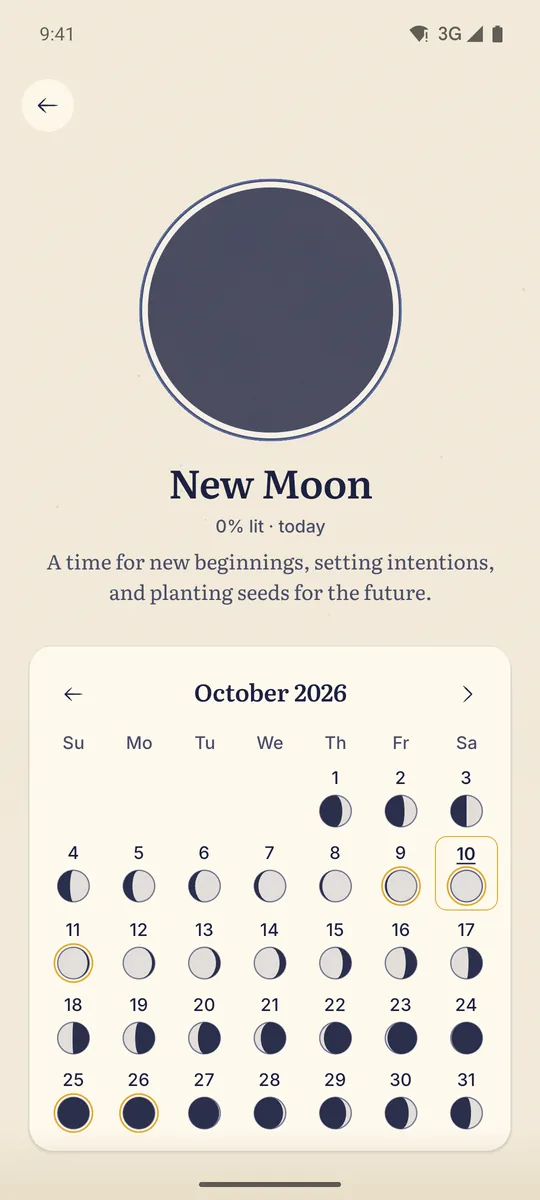 Celestine app screen. Moon calendar: tonight’s phase and the month night by night