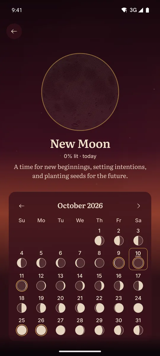 Celestine app screen. Moon calendar: tonight’s phase and the month night by night