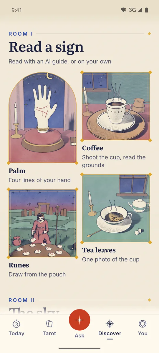 Celestine app screen. Discover: the tools, each on its own engraved plate