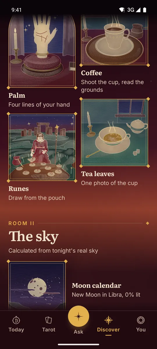 Celestine app screen. Discover: the tools, each on its own engraved plate