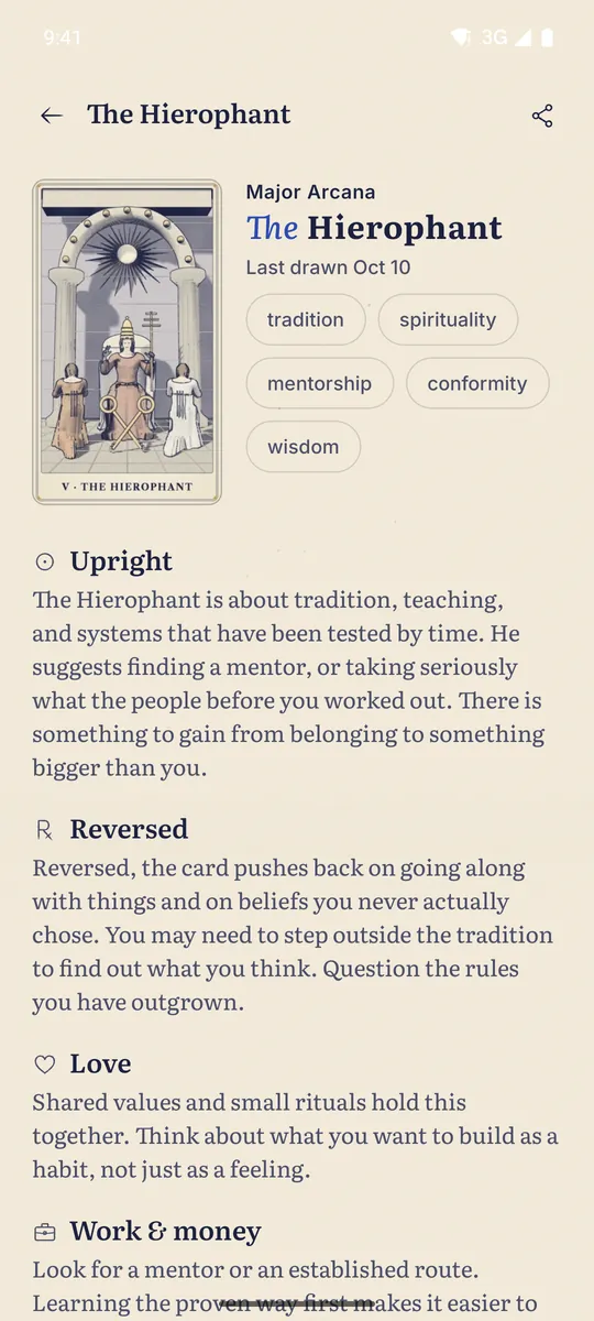 Celestine app screen. Tarot: The Hierophant from the Atlas deck, turned over with its meaning