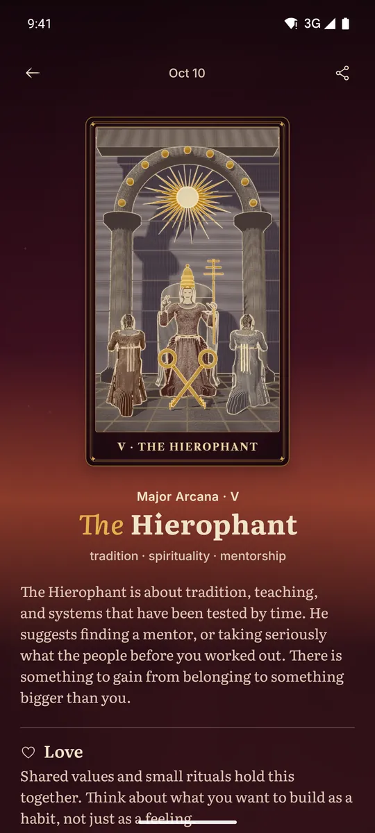 Celestine app screen. Tarot: The Hierophant from the Atlas deck, turned over with its meaning