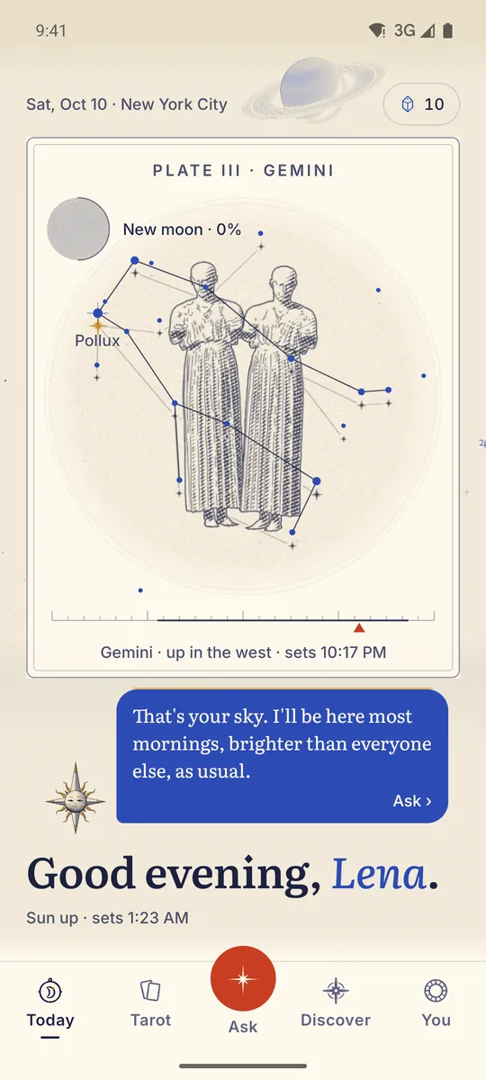 Celestine app screen. Today: tonight’s sky plate over your city, the Moon and your card of the day