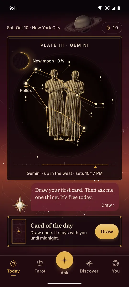 Celestine app screen. Today: tonight’s sky plate over your city, the Moon and your card of the day
