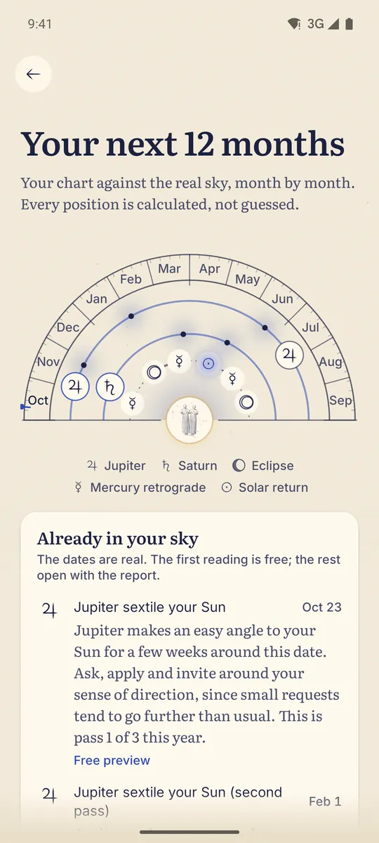 Celestine app screen. Your next 12 months: Jupiter, Saturn, eclipses and retrogrades against your chart