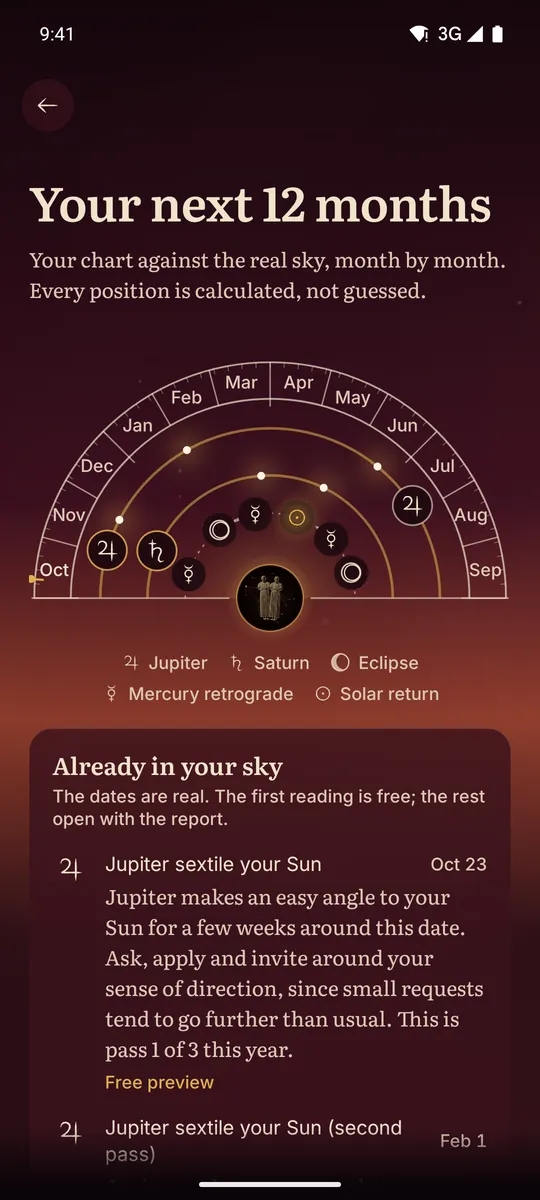 Celestine app screen. Your next 12 months: Jupiter, Saturn, eclipses and retrogrades against your chart